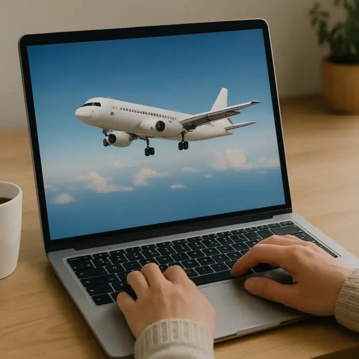Airplane wing above the clouds — flight consultation through Shark Travel